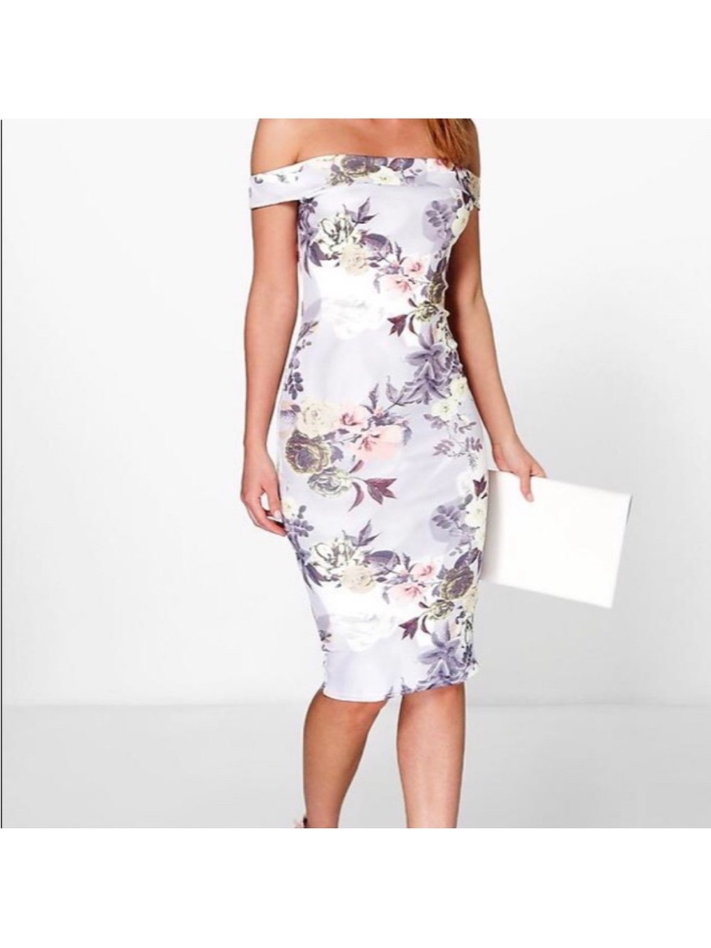 Boohoo Lilac Off-Shoulder Floral Midi Dress